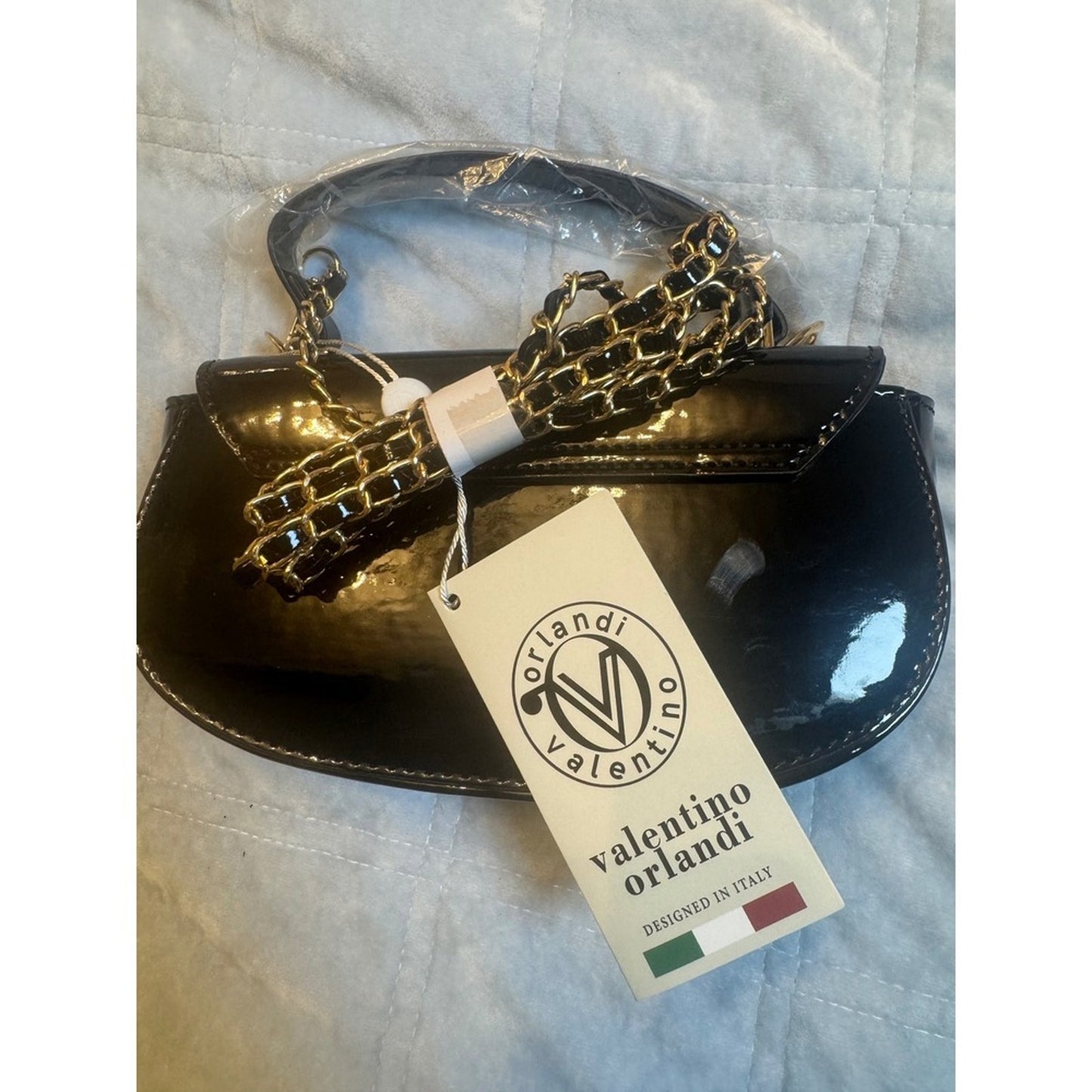 Valentino Orlandi Black Patent Leather Chain Shoulder Bag Gold Logo NWT Italy