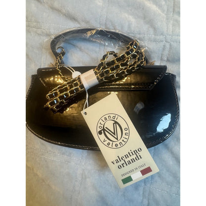 Valentino Orlandi Black Patent Leather Chain Shoulder Bag Gold Logo NWT Italy