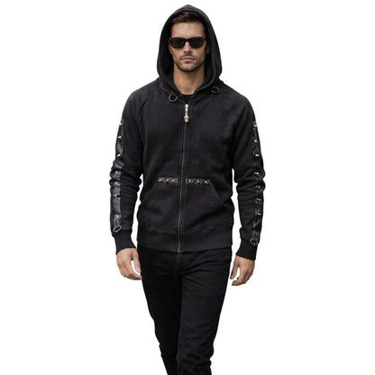 Living Dead Souls Black Zip Up Hoodie Skull Charm Studded Leather Straps