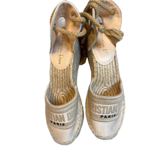 Christian Dior Paris Embroidered Espadrille Wedge Sandals Beige Size 39 EU 9