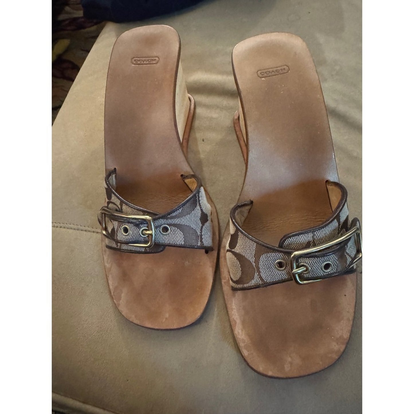 Coach Monogram Wedge Sandals 2000s Y2K Brown Logo Buckle Heels Size 7.5