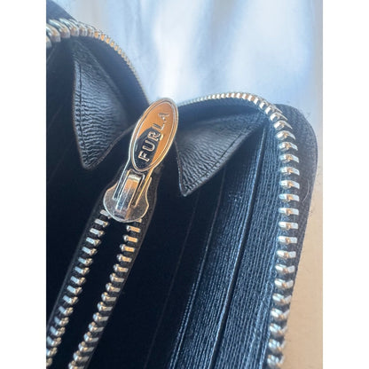 Furla Black Textured Leather Zip Around Continental Wallet Purse