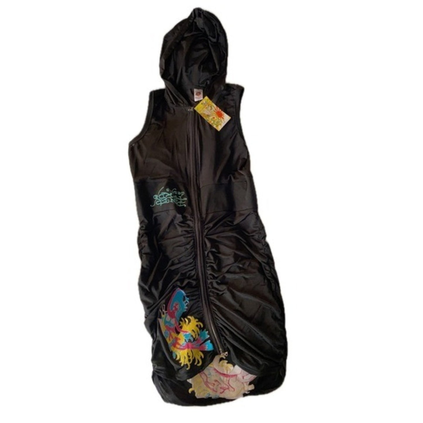 Ed Hardy Black Sleeveless Hooded Ruched Dress Embroidered Dragon Phoenix Size XL