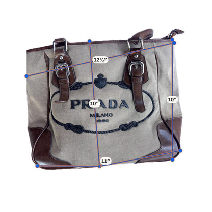 Prada Milano Canvas Tote Bag Brown Leather Trim Vintage Shoulder Bag