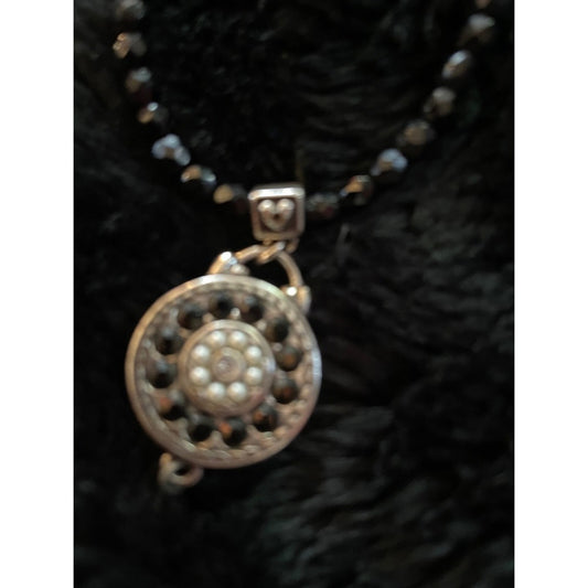 Brighton Silver Tone Black Bead Necklace Round Medallion Pendant Heart Clasp
