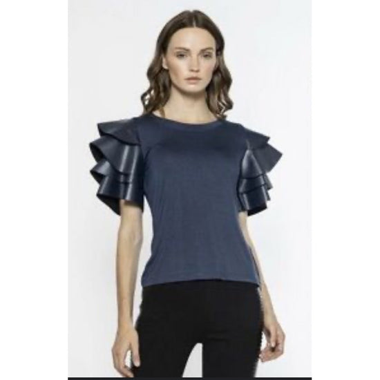 Gracia Top Navy Blue Faux Leather Ruffle Sleeve Crew Neck Short Sleeve XL