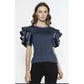 Gracia Top Navy Blue Faux Leather Ruffle Sleeve Crew Neck Short Sleeve XL