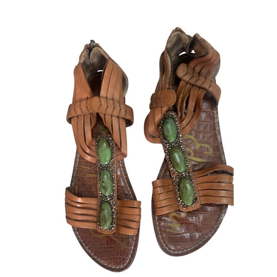 Sam Edelman Brown Leather Gladiator Sandals Rhinestone Turquoise Stones size 9