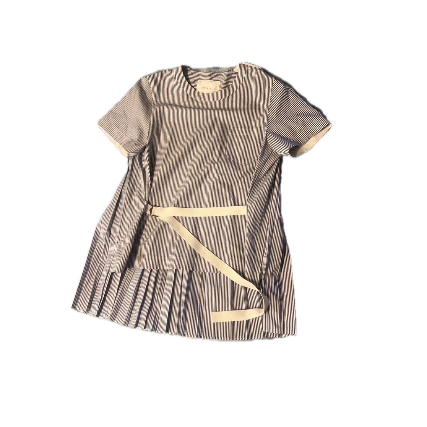 sacai Blue White Stripe Pleated Belted Short Sleeve Dress Size 3