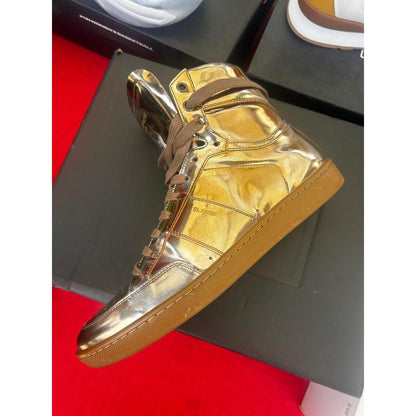 Saint Laurent SL/10H Gold Metallic Leather High Top Sneakers Mens 40 RF 418026