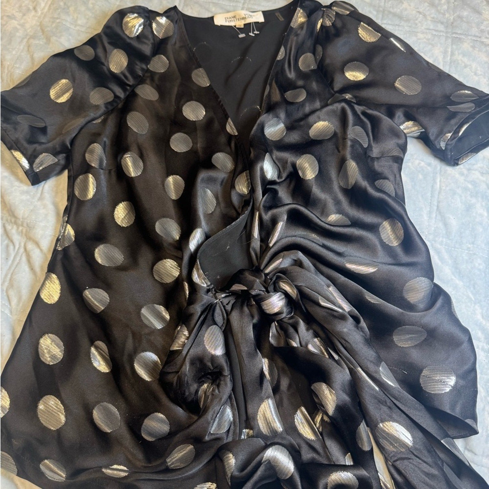 Diane von Furstenberg Luxe Polka Dot Wrap Top – Size 12