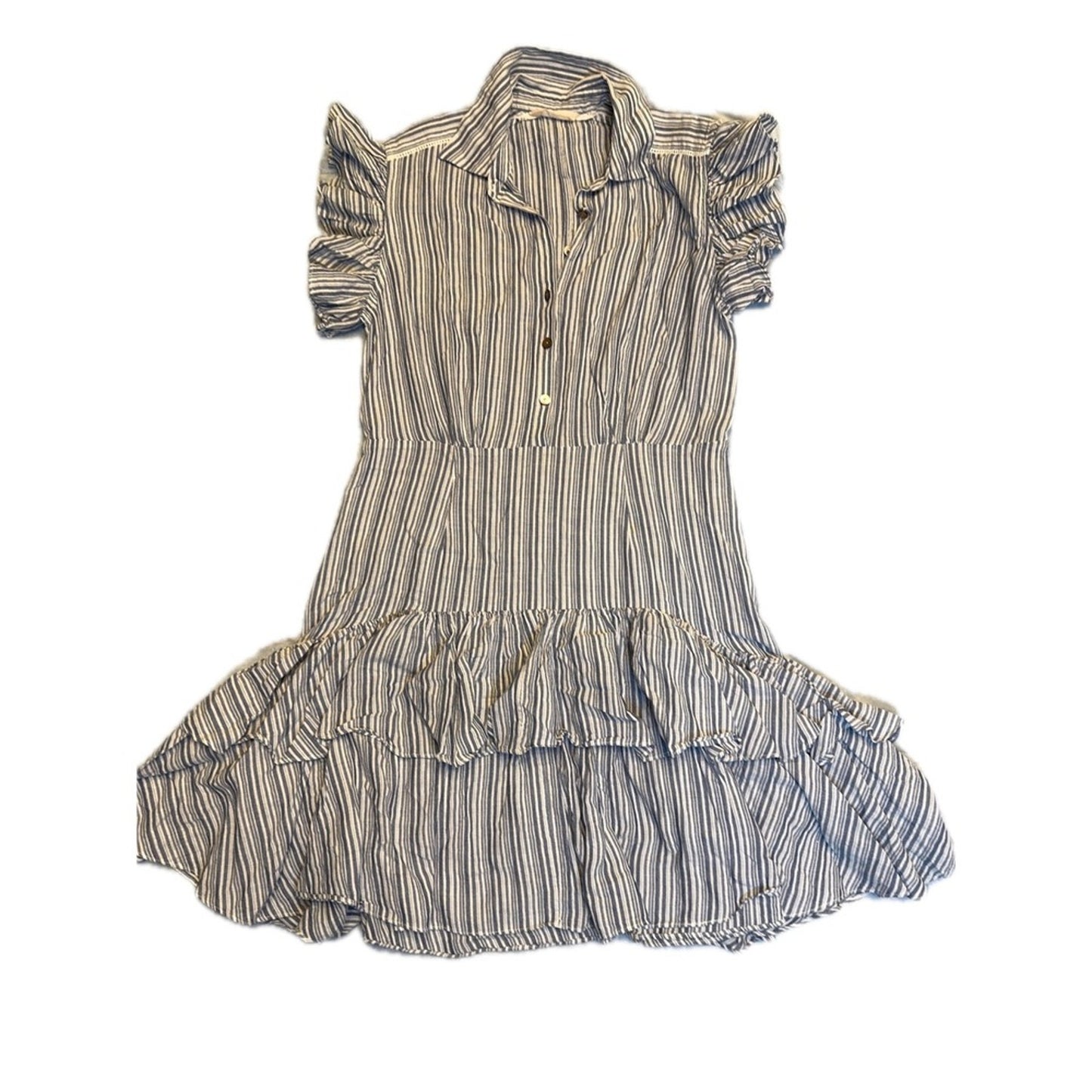 Striped Ruffle Mini Dress Blue White Button Front Short Sleeve Tie Waist L
