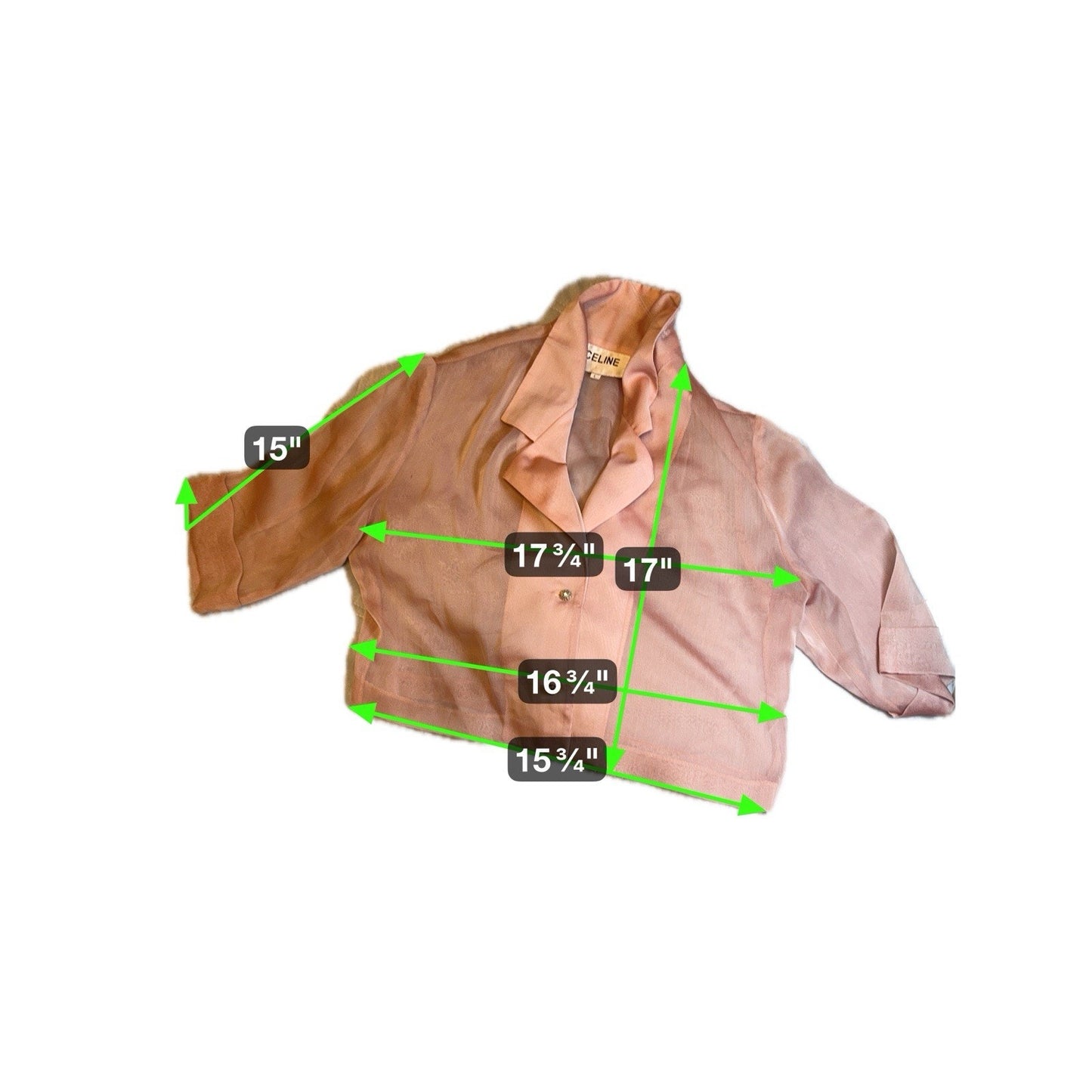 CELINE Sheer Silk Blouse Pink Rhinestone Button Cropped Top Women’s Size L