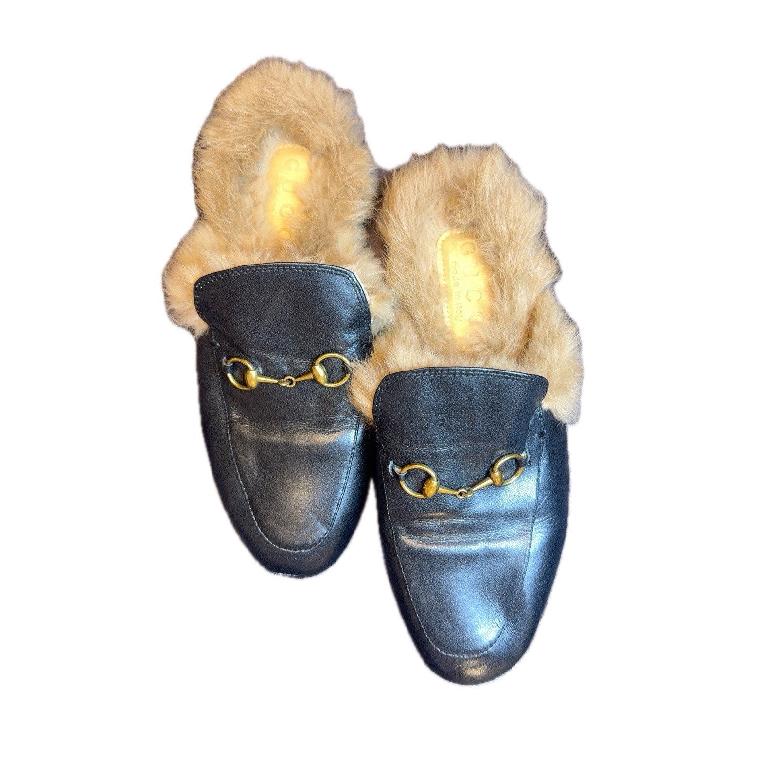 Gucci Princetown Black Leather Fur Lined Horsebit Mules Loafers Size 39 IT 9
