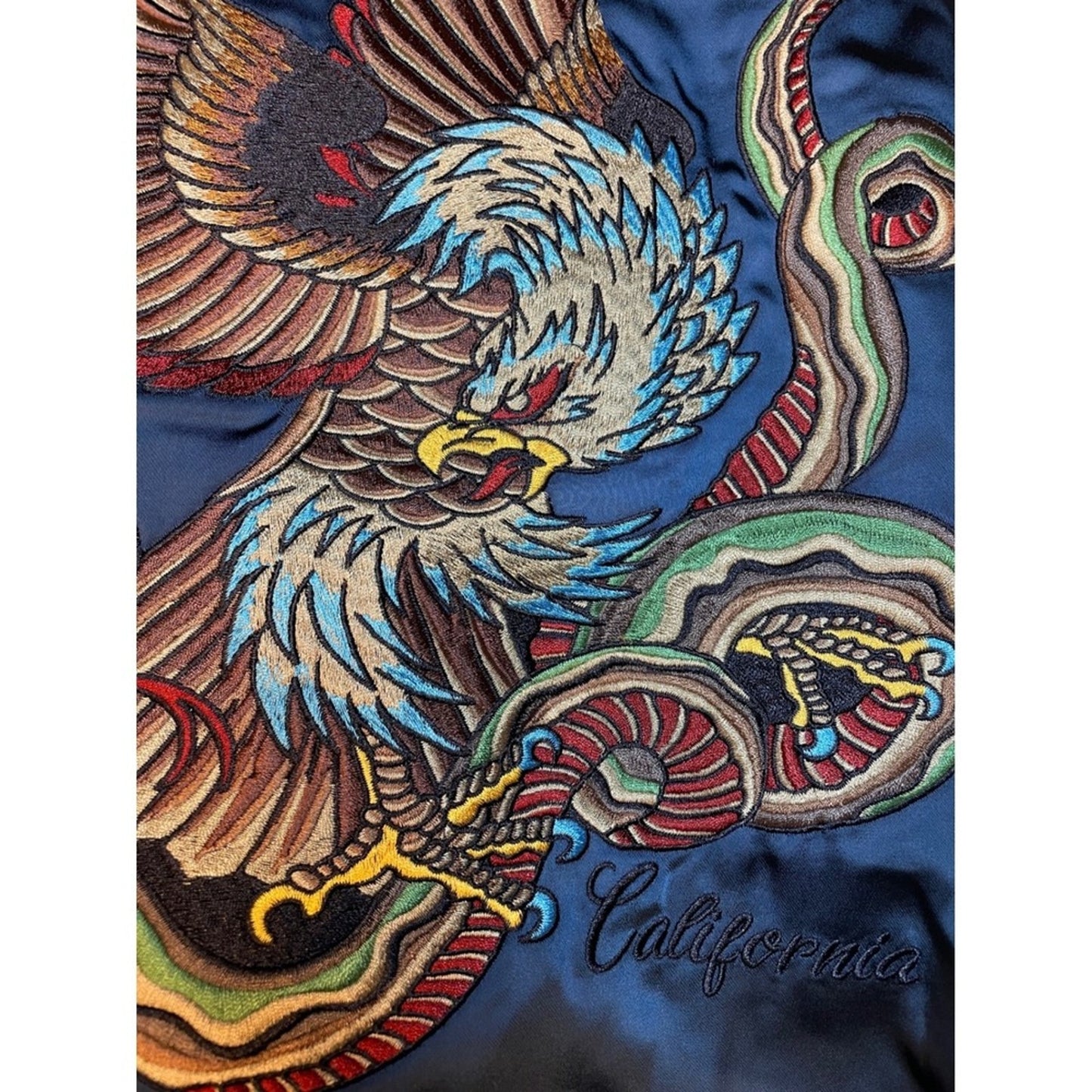 Superdry Mens Bomber Jacket Blue Satin Eagle Embroidery Los Angeles CA Size M