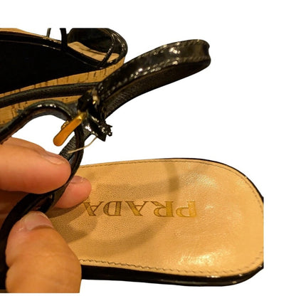 Prada black patent leather cork wedge sandals, made in Italy, size 38.5, /8