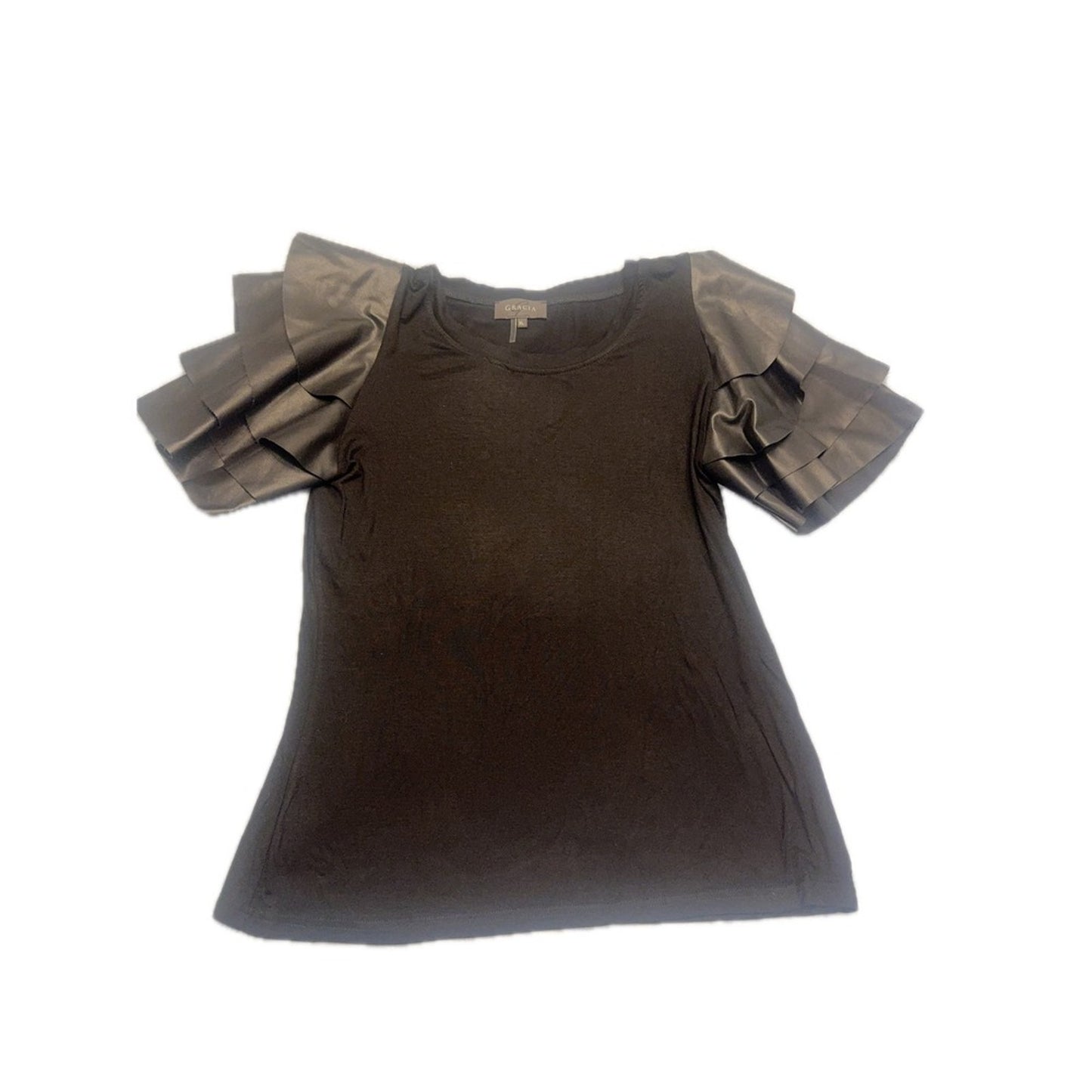 Gracia Black Faux Leather Ruffle Sleeve Top XL Statement Blouse Avant Garde