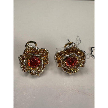 Red Rose Gemstone Earrings Gold Silver Tone Accents