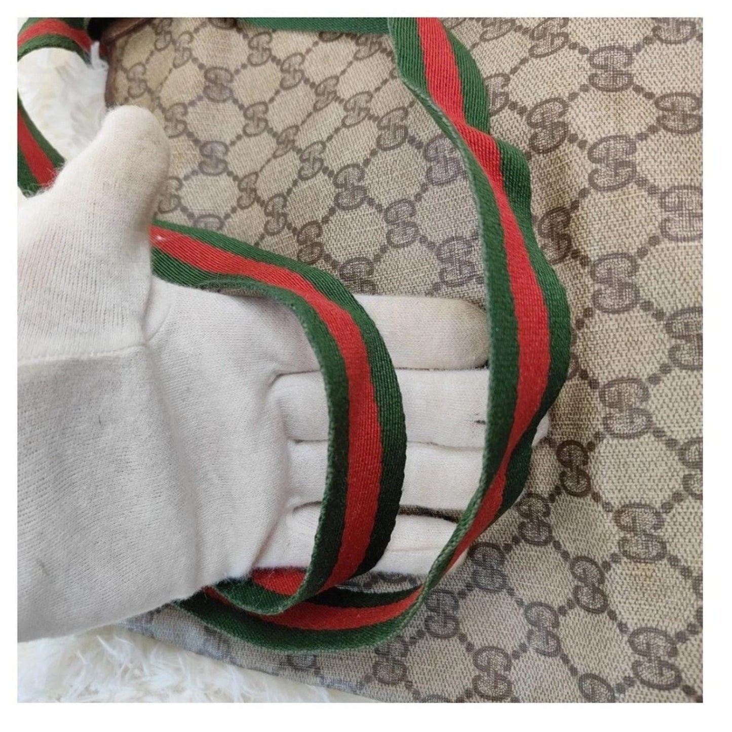 Authentic Vintage Gucci Monogram Canvas Tote Bag Red Green Stripe