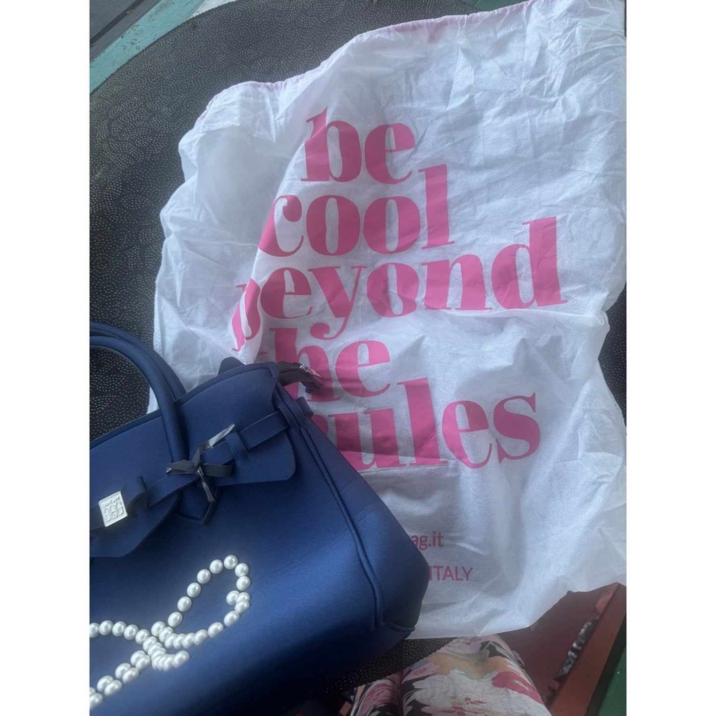 Save My Bag Navy Blue Handbag Faux Pearl Bow Embellishment Tote Bag