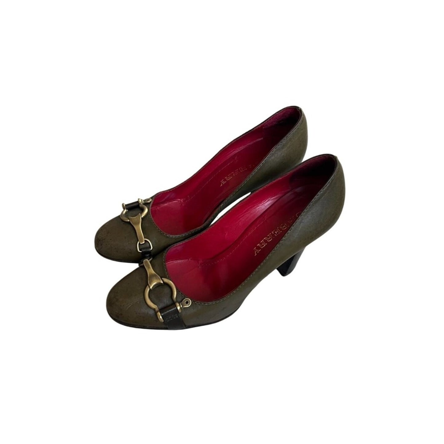 BURBERRY Pumps Women Designer Heels Gold Buckle Olive Green Leather 39.5/8.5