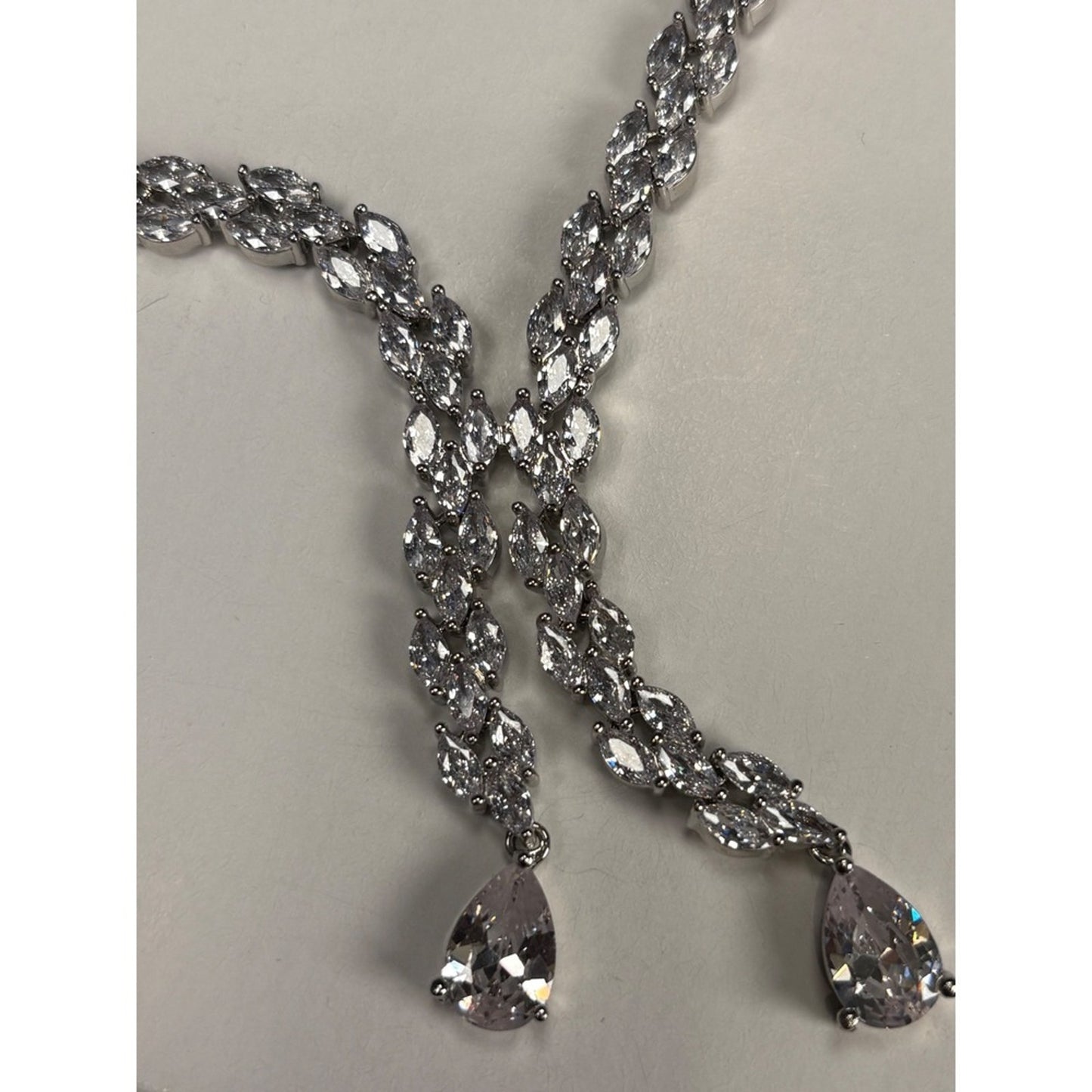 Sparkling Rhinestone Y Necklace Silver Tone Marquise Cut Dangle Pendant