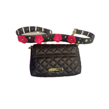 Betsey Johnson Black Quilted Belt Bag with Floral Detail Studded Strap NWT