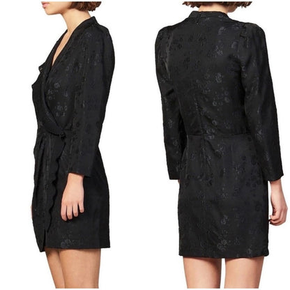 Sandro Paris Floral Jacquard Wrap Dress Long Sleeve Dark size S Black