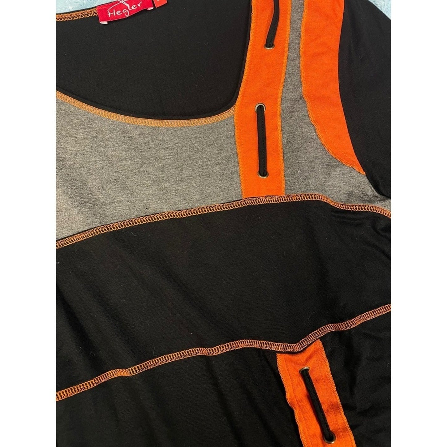 HEGLER Asymmetrical Paneled Long Sleeve Tunic Dress M Orange Gray Brown