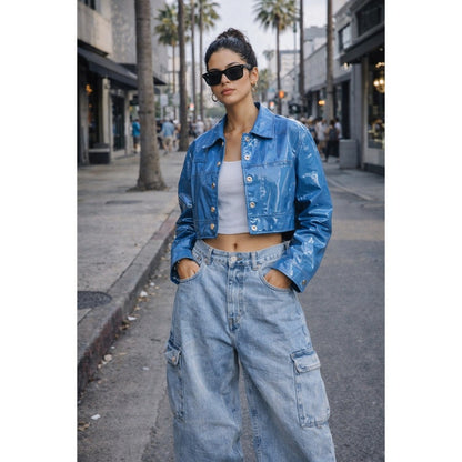 Zoey W Blue Patent Cropped Button Front Jacket size M NWT