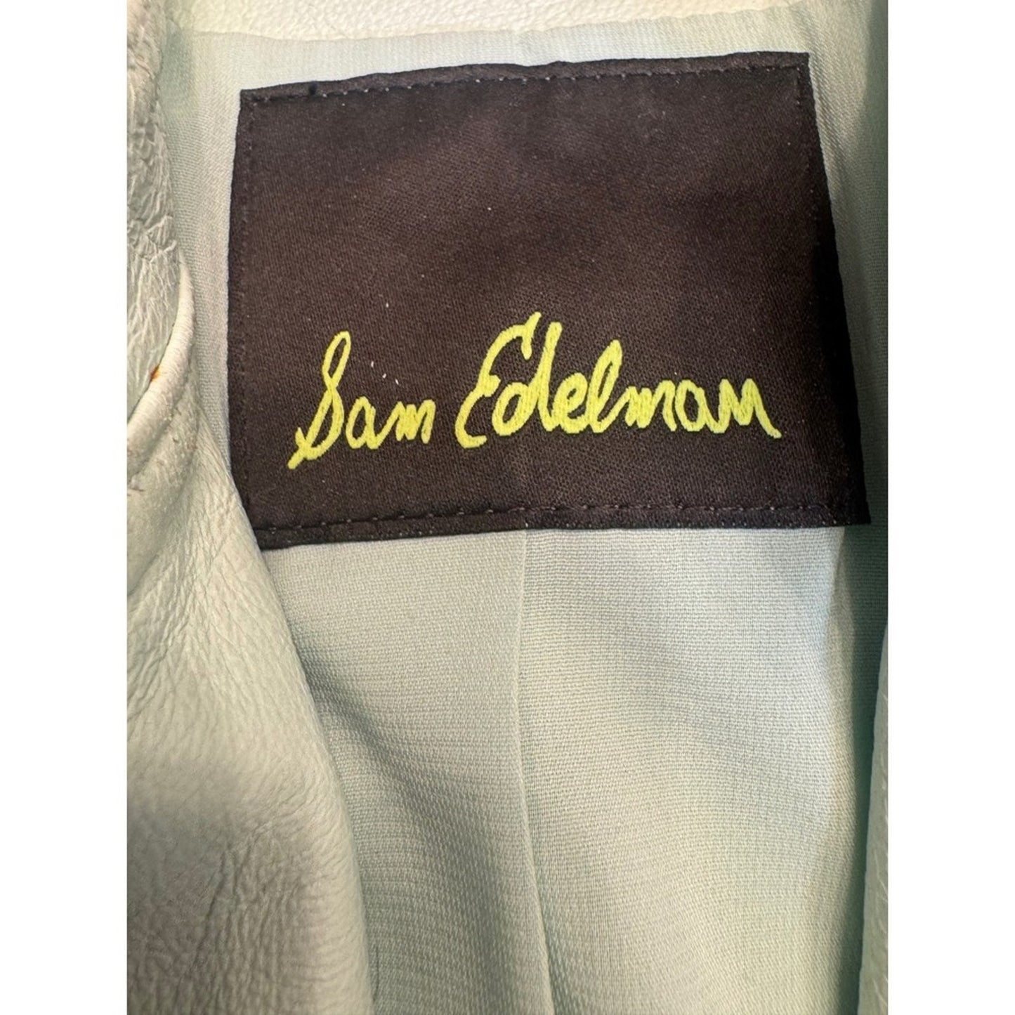 Sam Edelman Leather Vest Sleeveless Moto Biker Full Zip Pockets Pale Green Small