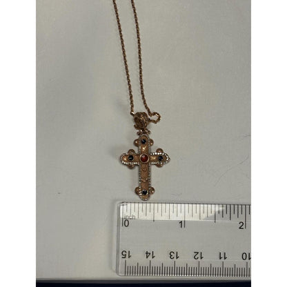 Gold-Tone Gemstone Cross Pendant Necklace