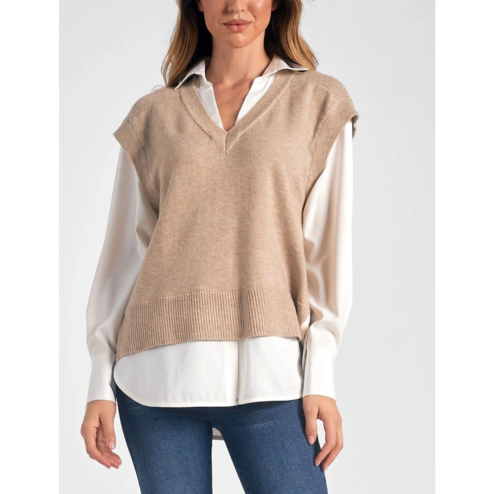 BROCHU WALKER Size M Camel White Wool Cashmere Knit Layered Pullover