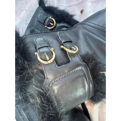 Salvatore Ferragamo Black Leather Fur Trim Gancini Combat Boots Lug Sole Italy