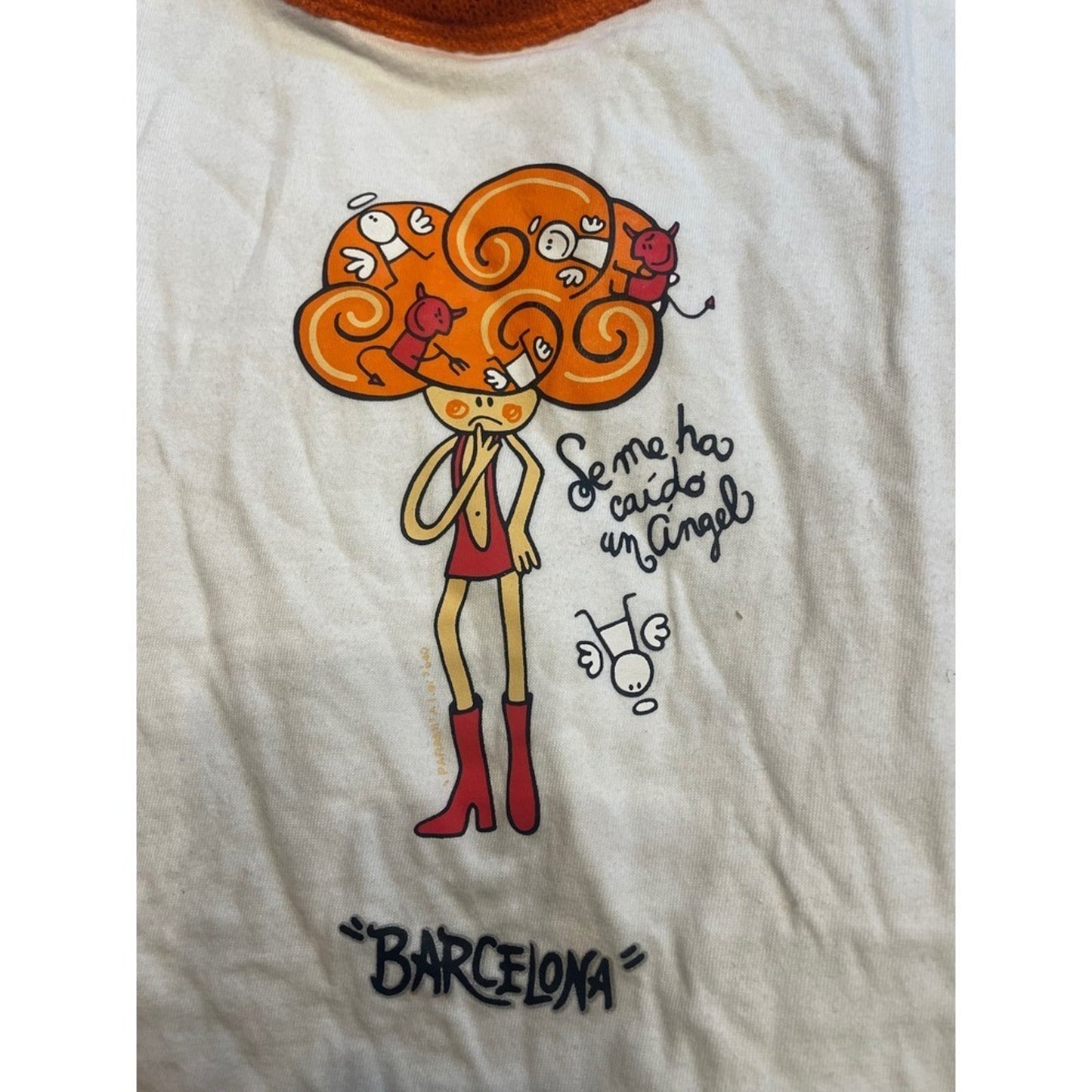 Ciudad Campus Barcelona Graphic Raglan Shirt Kids Size 12-14 Orange White