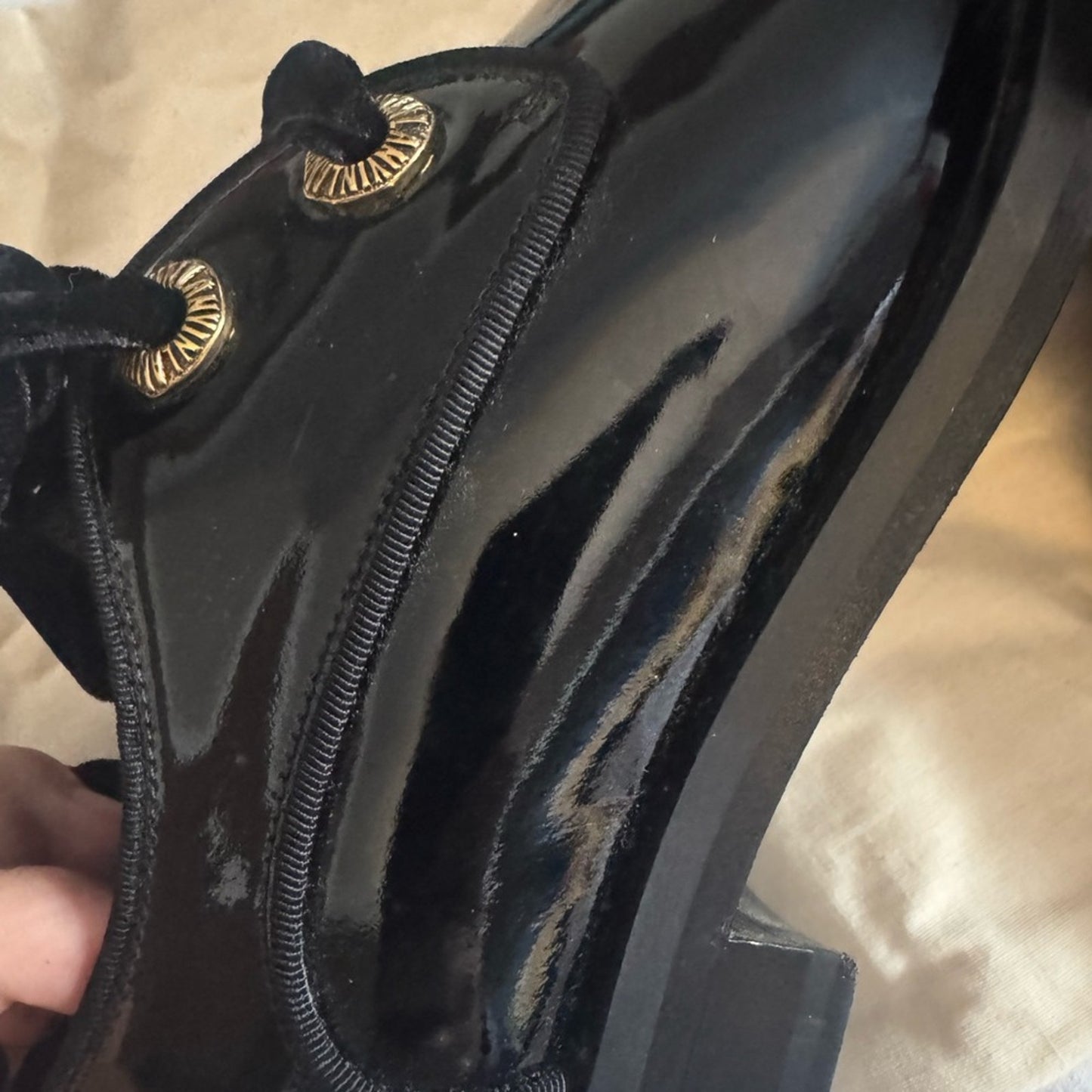 Lanvin Black Flats with Glossy Patent Leather Finish with‎ velvet laces 37.5