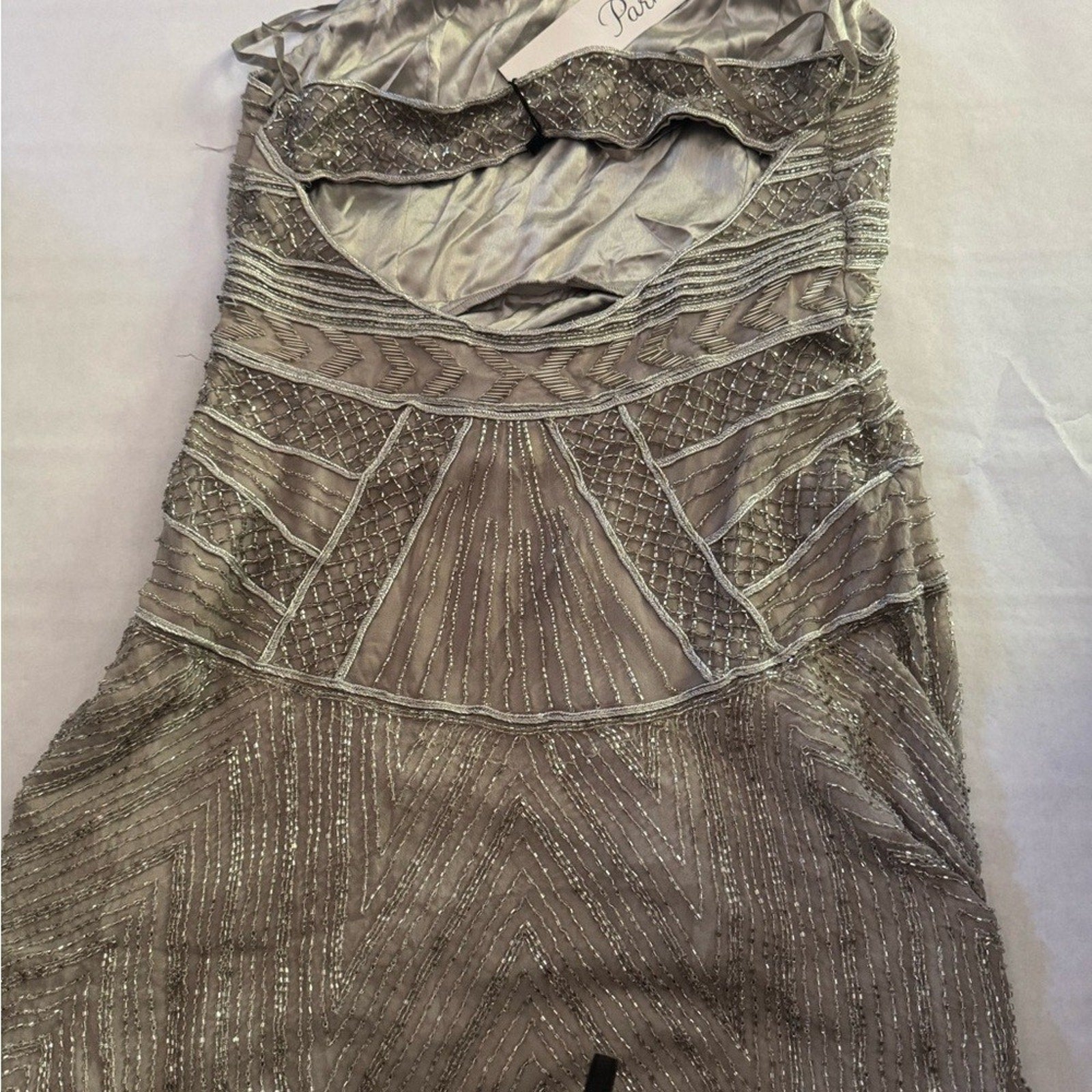 Parker Silver Grey Beaded Cocktail Mini Dress size L