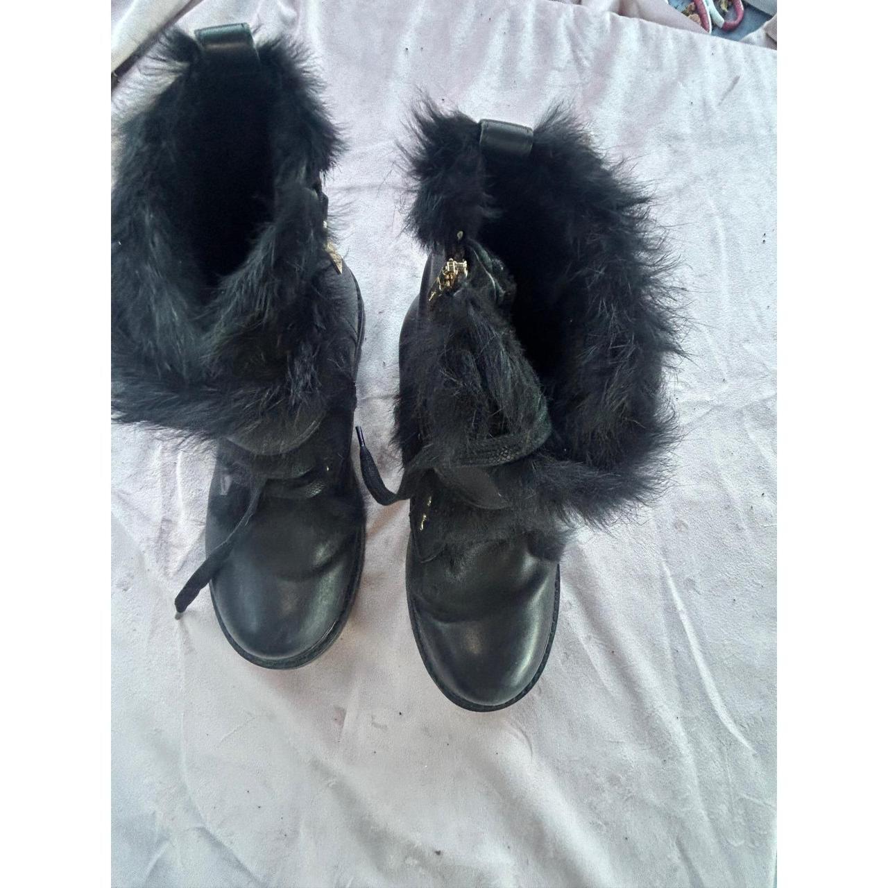 Salvatore Ferragamo Black Leather Fur Trim Gancini Combat Boots Lug Sole Italy
