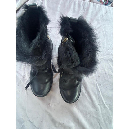 Salvatore Ferragamo Black Leather Fur Trim Gancini Combat Boots Lug Sole Italy