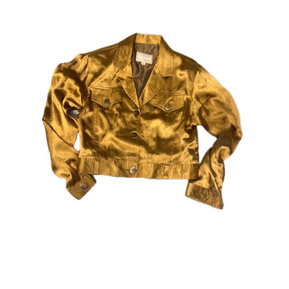Metallic Gold Cropped Trucker Jacket Button Front Long Sleeve Shimmer Coat