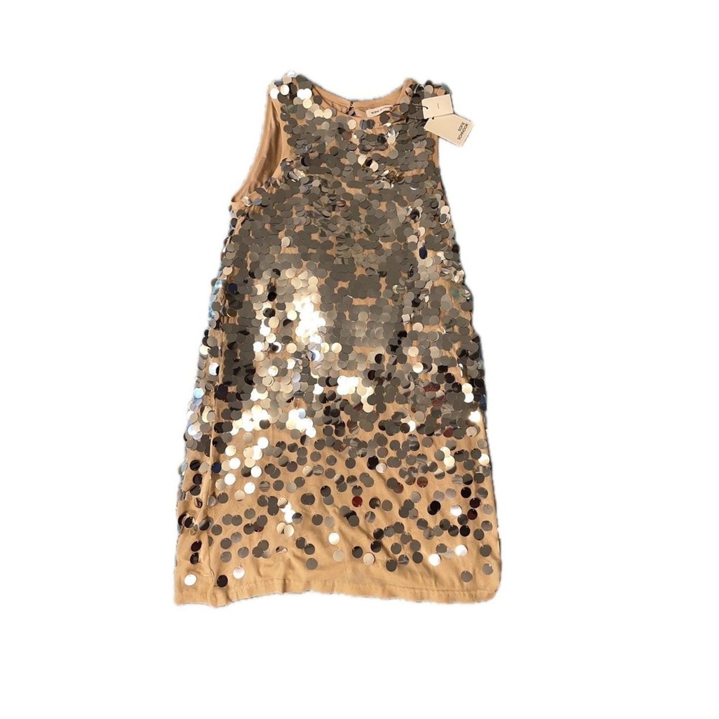 Sofie Schnoor Sequins Embellished Shift Dress Silver Tan Sleeveless size 2
