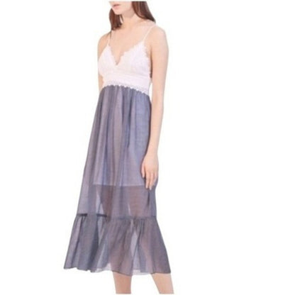 Sandro Sheer Stripe Lace Trim Maxi Dress Spaghetti Strap V Neck