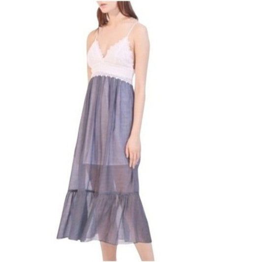 Sandro Sheer Stripe Lace Trim Maxi Dress Spaghetti Strap V Neck