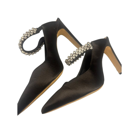 Jewel Badgley Mischka Black Satin Rhinestone Strap Pumps Size 9