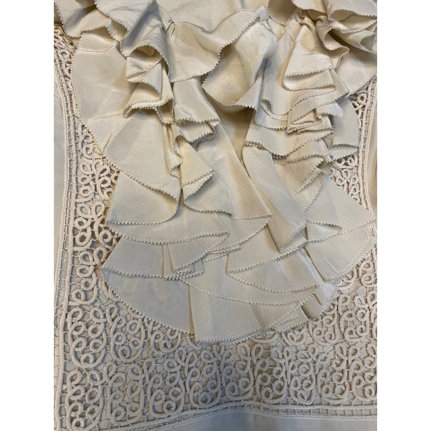 Sheri Bodell 100% Silk Ruffle Mini Dress • Cream Boho Lace • Party / Resort XS