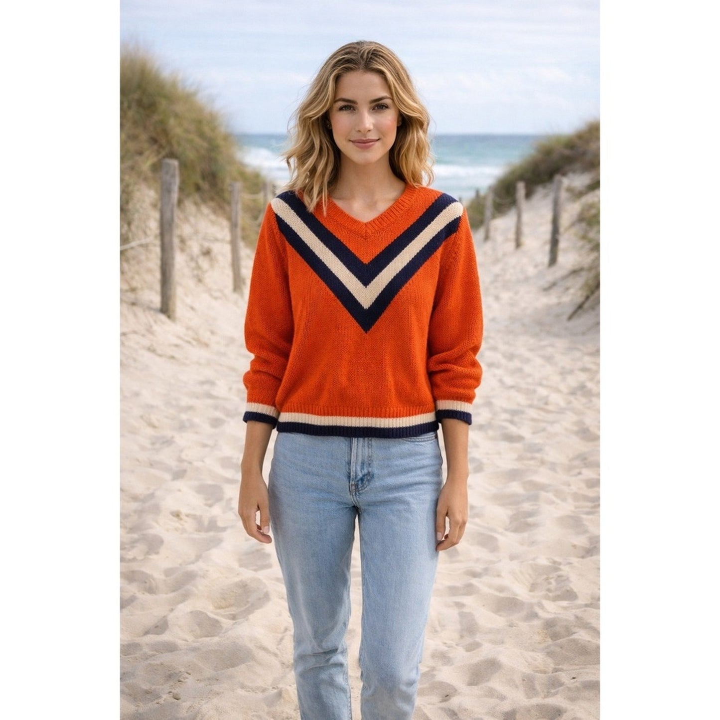 The Upside Sweater Womens XS Orange Navy White Chevron Cotton Knit Varsity