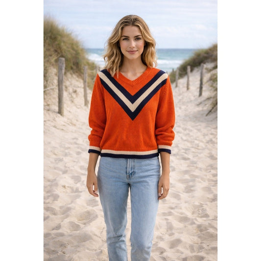 The Upside Sweater Womens XS Orange Navy White Chevron Cotton Knit Varsity
