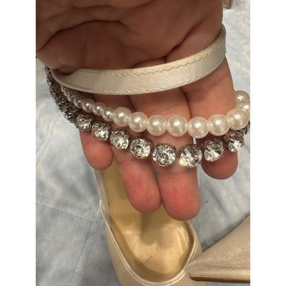 Betsey Johnson Ivory Rhinestone Pearl Ankle Strap Pointed Toe Heels