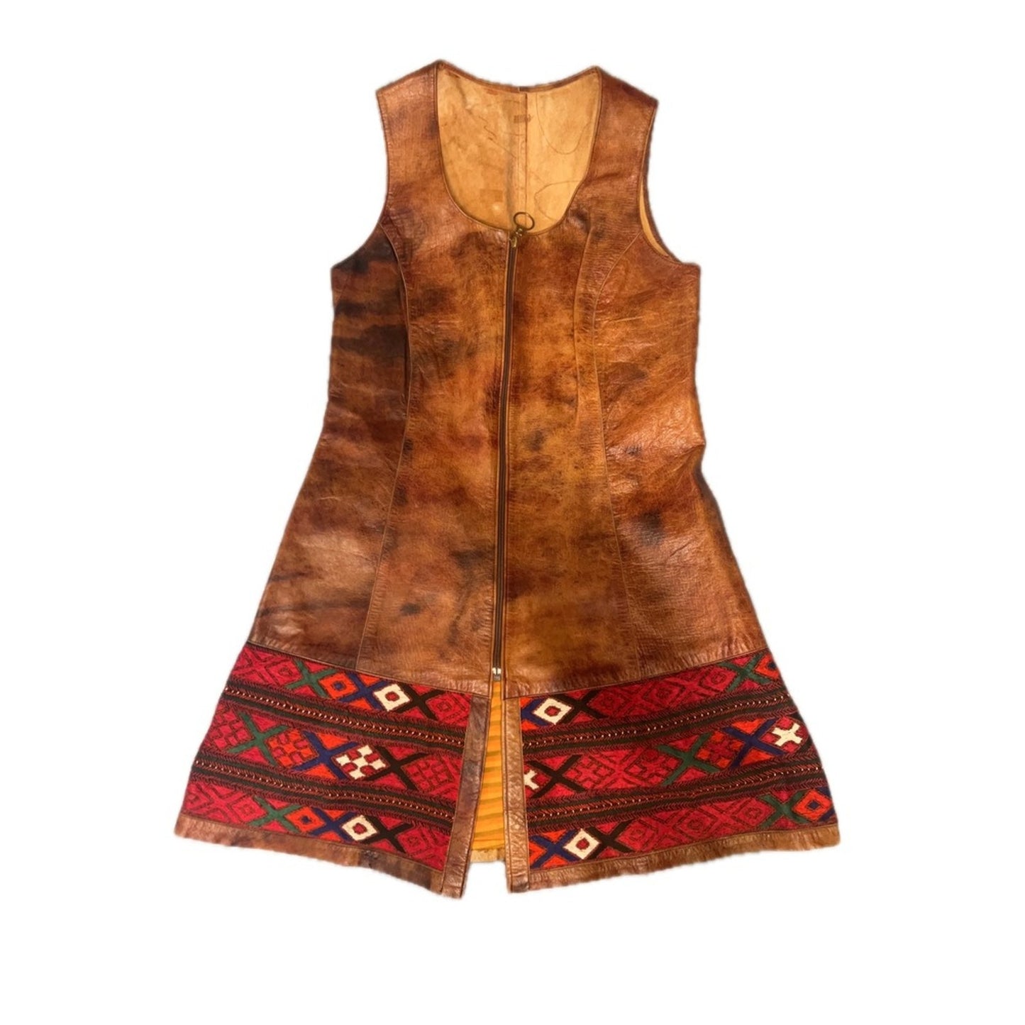 Vintage Leather Longline Vest Women S Brown Embroidered Boho Tribal Zip Good