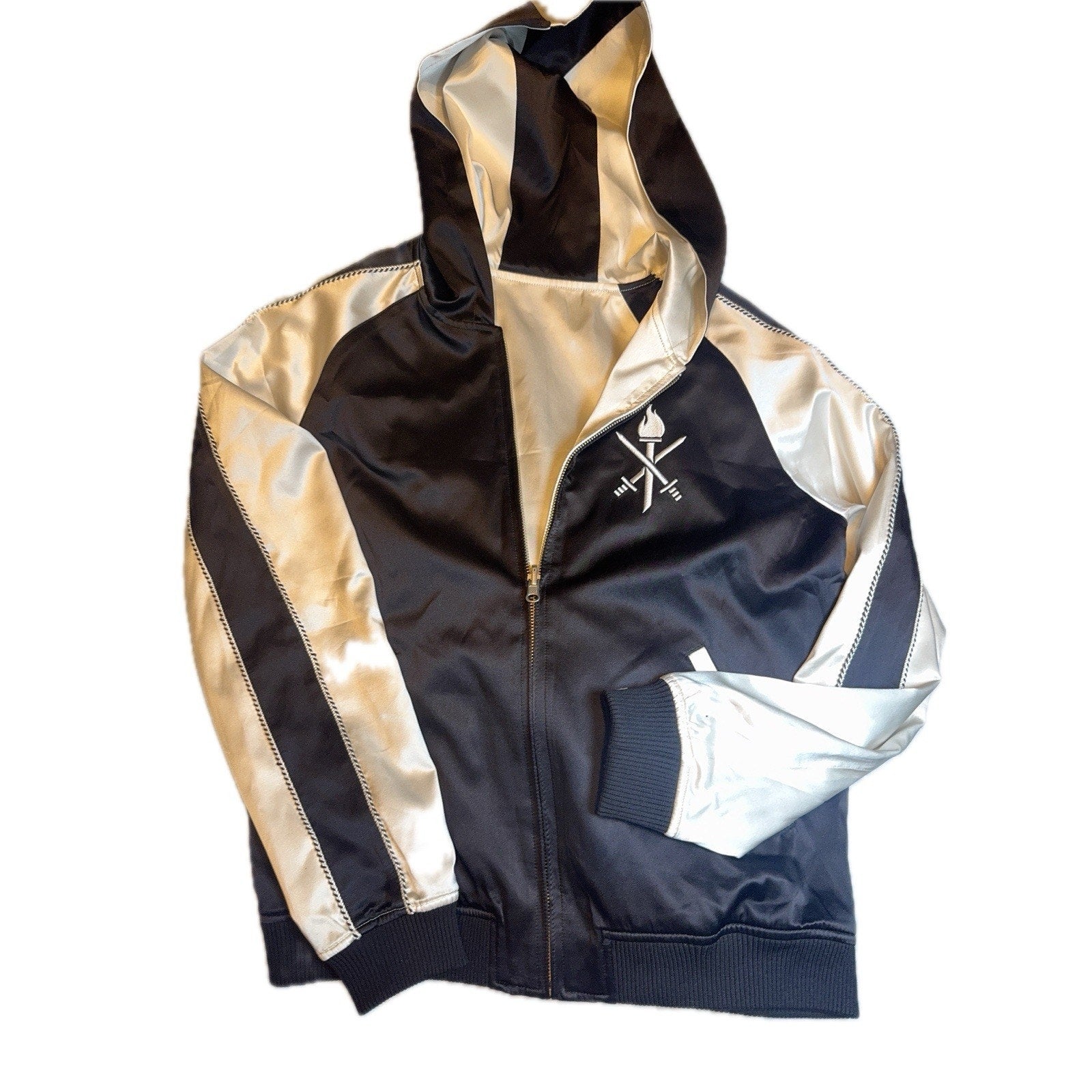 Opening Ceremony Satin Reversible Bomber Jacket Black Ivory Embroidered Logo XL
